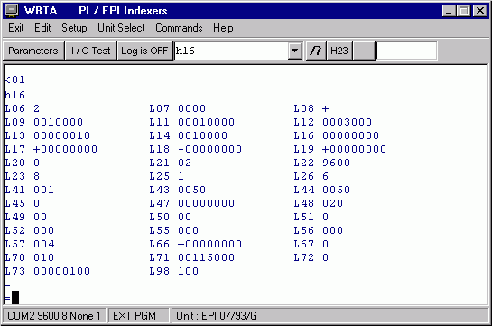 Main screen with EOI L parameters