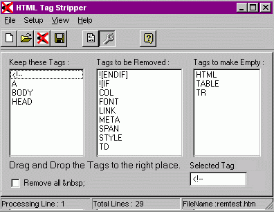 Setup screen of the HTML tagstripper